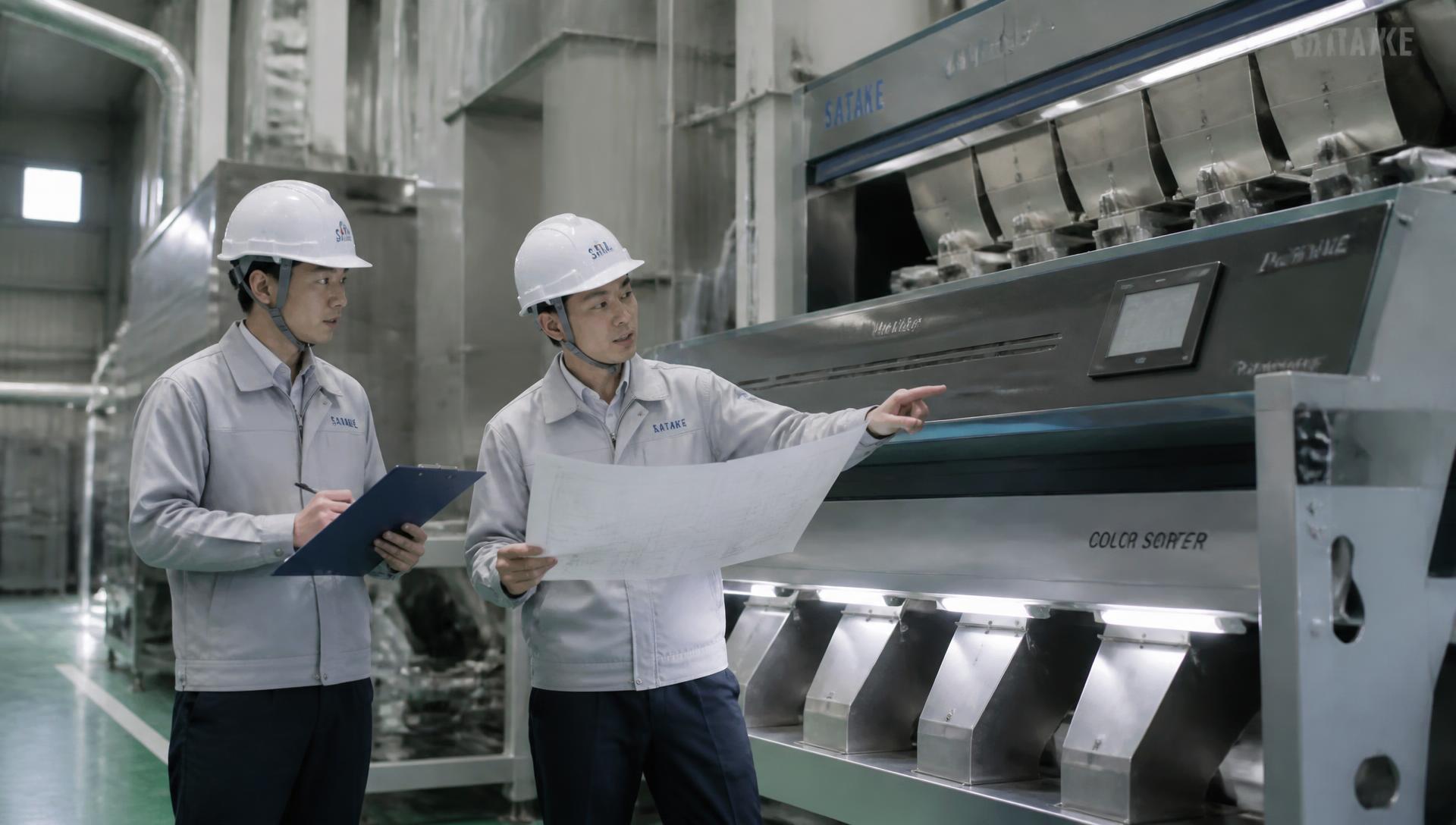 Engineers inspecting an optical color sorter with technical drawings
