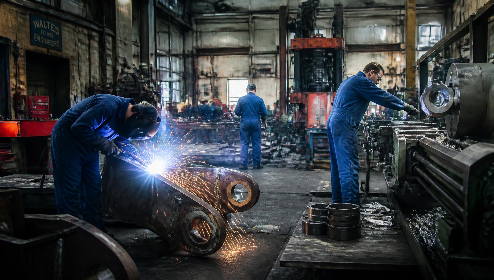 Engineers welding and machining heavy components on the workshop floor
